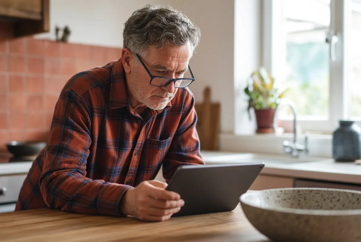 A man in his fifties with reading glasses looks carefully at a tablet at his kitchen counter.